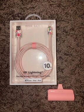 Pink 10ft Braided Lightning Charging Cable and Pink Iwalk portable charger